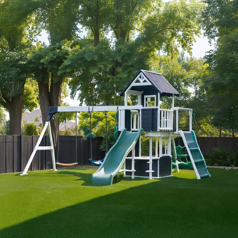 Modern Two-Tone Backyard Playset – Dual Slides, Swings & Clubhouse