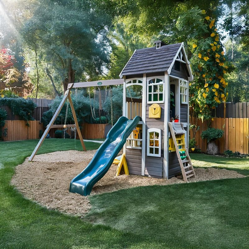 Storybook Playhouse Outdoor Playset – Tower, Wave Slide & Swings