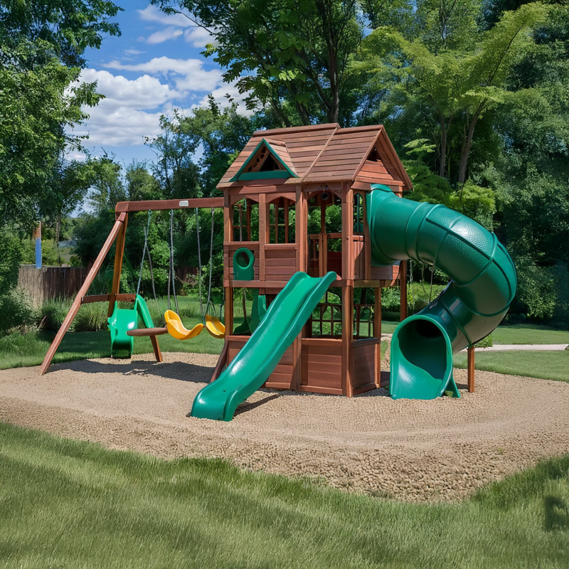Cedar Wood Outdoor Playset with Tube Slide, Wave Slide, Swings, and Clubhouse