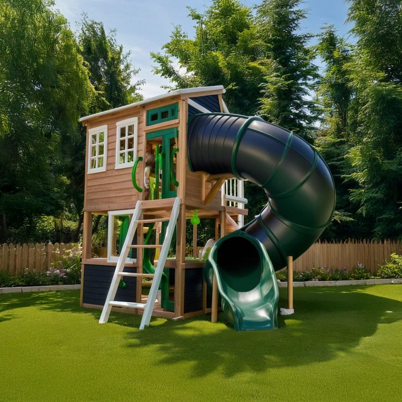 Modern Cedar Wood Playhouse – Spiral Tube Slide, Wave Slide & Clubhouse