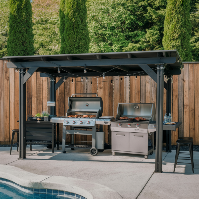 Large Modern BBQ Grill Gazebo – Outdoor Grill Shelter with Dual Grills & Bar Seating