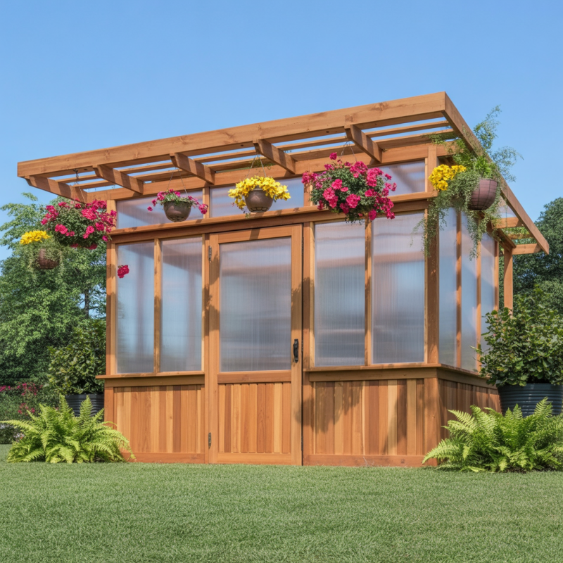 Cedar Greenhouse with Pergola Roof & Hanging Planters