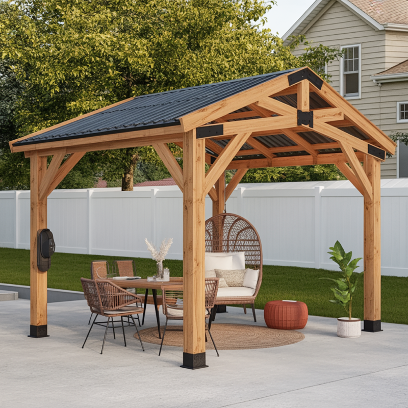 Wooden Gazebo Pavilion with Metal Roof – Outdoor Farmhouse Style