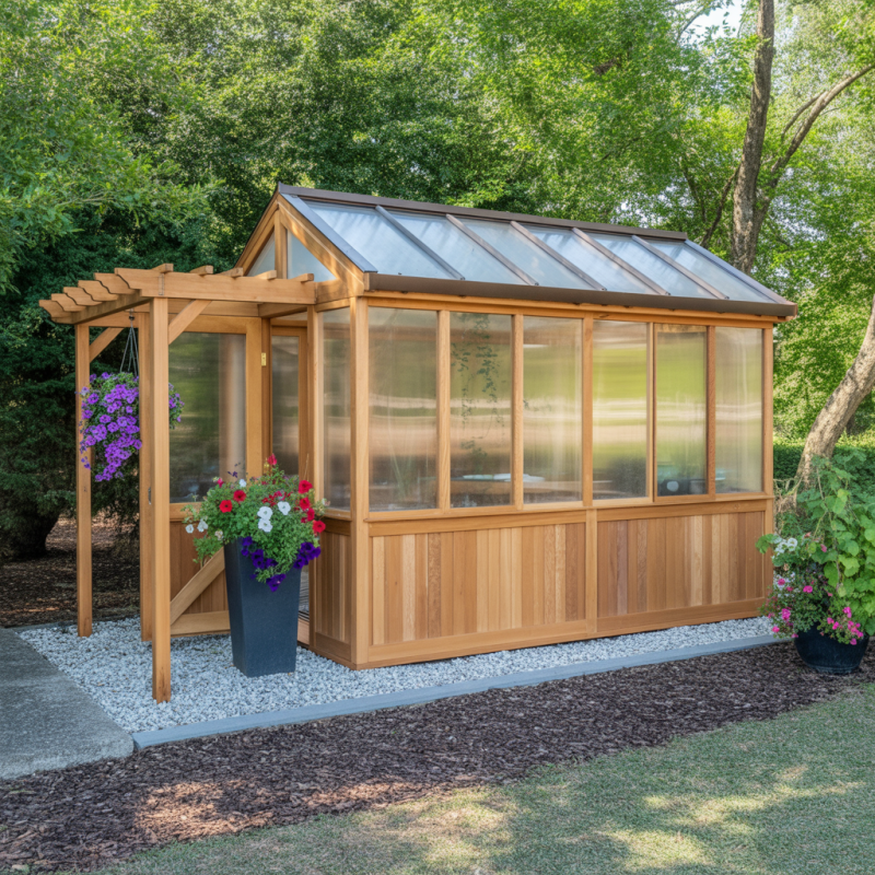 Cedar Greenhouse with Polycarbonate Panels & Garden Pergola