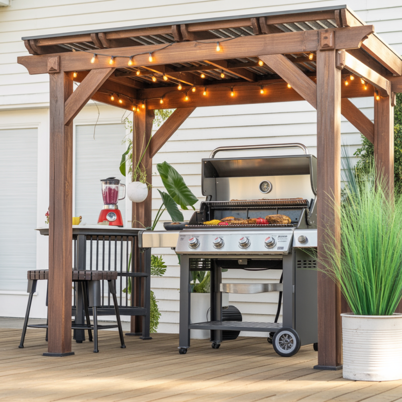 Wooden BBQ Pergola Gazebo with Grill Station and Bar Counter