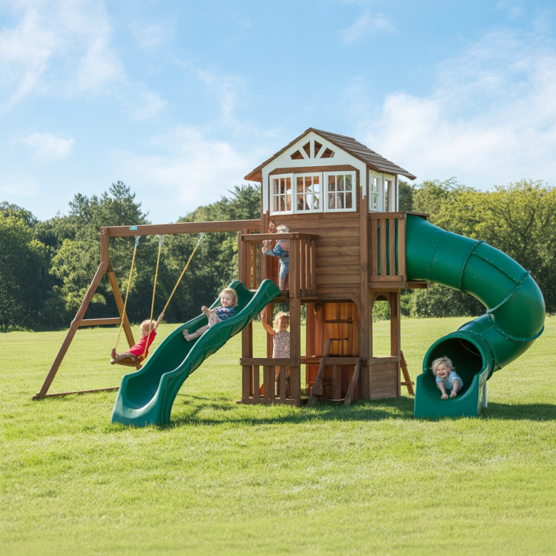 Wooden Swing Set & Playhouse Combo with Dual Slides and Clubhouse
