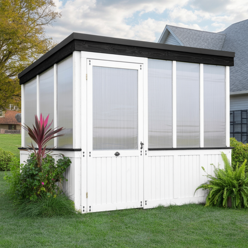 White Wooden Greenhouse – Flat Roof Outdoor Garden Greenhouse with Polycarbonate Panels