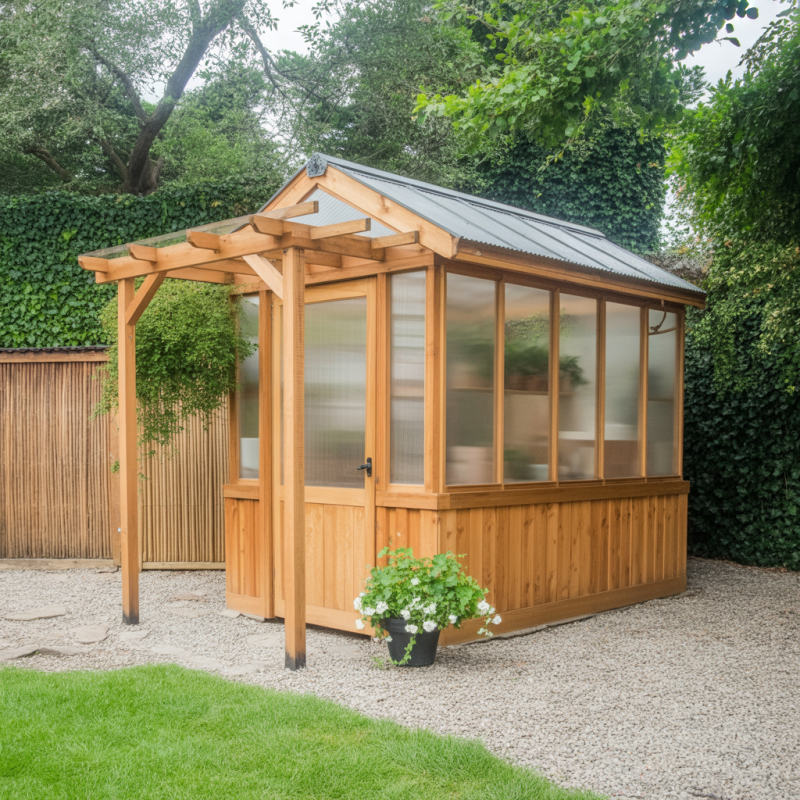 Cedar Greenhouse with Classic Roof & Pergola Entry