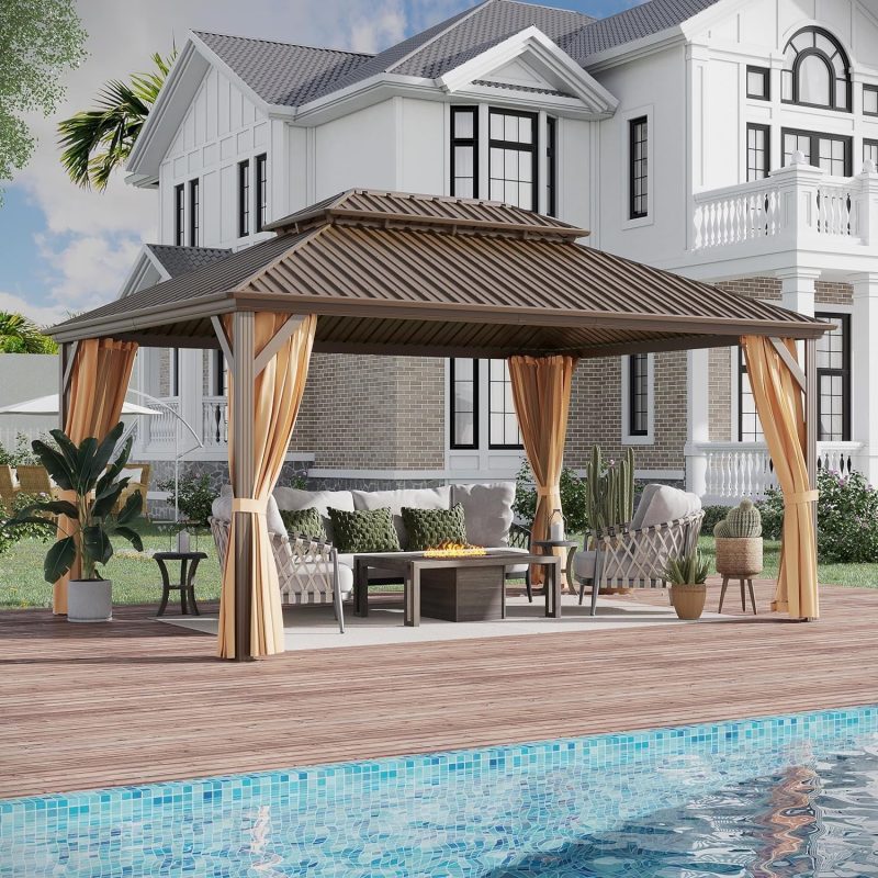 R 12' x 16' Hardtop Gazebo, Brown, Double Roof, Galvanized Steel, Netting & Curtains