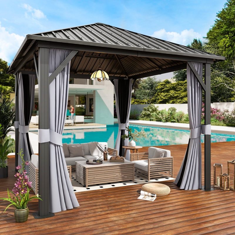 10x 10 Hardtop Gazebo, Outdoor Aluminum Frame Canopy with Netting and Curtain for Garden, Patio, Lawns, Gray