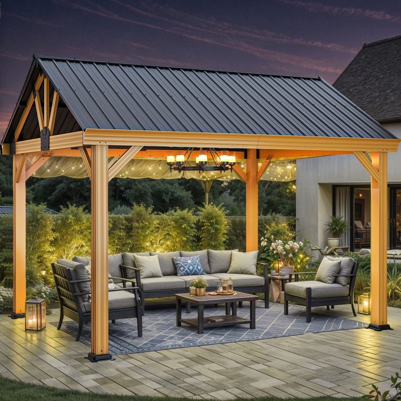 11' x13.8' Outdoor Gazebo, Hardtop Gazebo with Galvanized Steel Top Pavilion Gable Roof, for Patio, Garden, Balcony