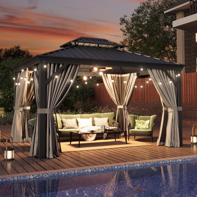 10' x 12' Hardtop Gazebo, Galvanized Steel Double Top, Permanent Aluminum Gazebo, Outdoor Metal Gazebo with Privacy Curtains and Mosquito Netting, for Parties, Gardens, Decks, Patios, Lawns