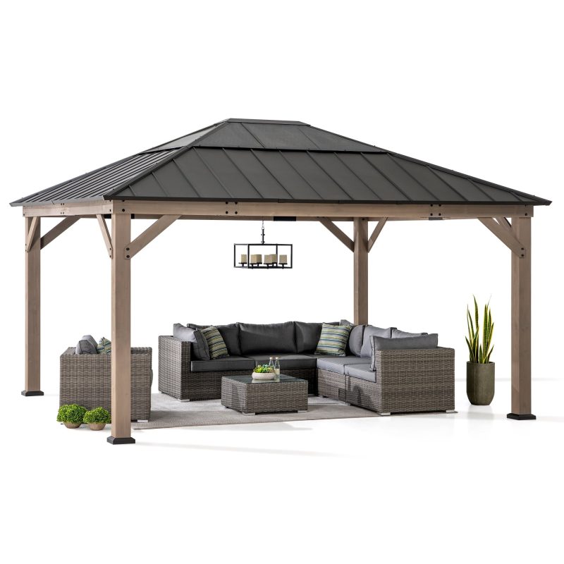 Hardtop Gazebo 13 x 15 ft. Standard Cedar Framed Wood Gazebo, Outdoor Patio Gazebo with Dark Brown Steel and Polycarbonate Hip Roof and Ceiling Hook, Dark Brown Roof + Dark Wood Frame