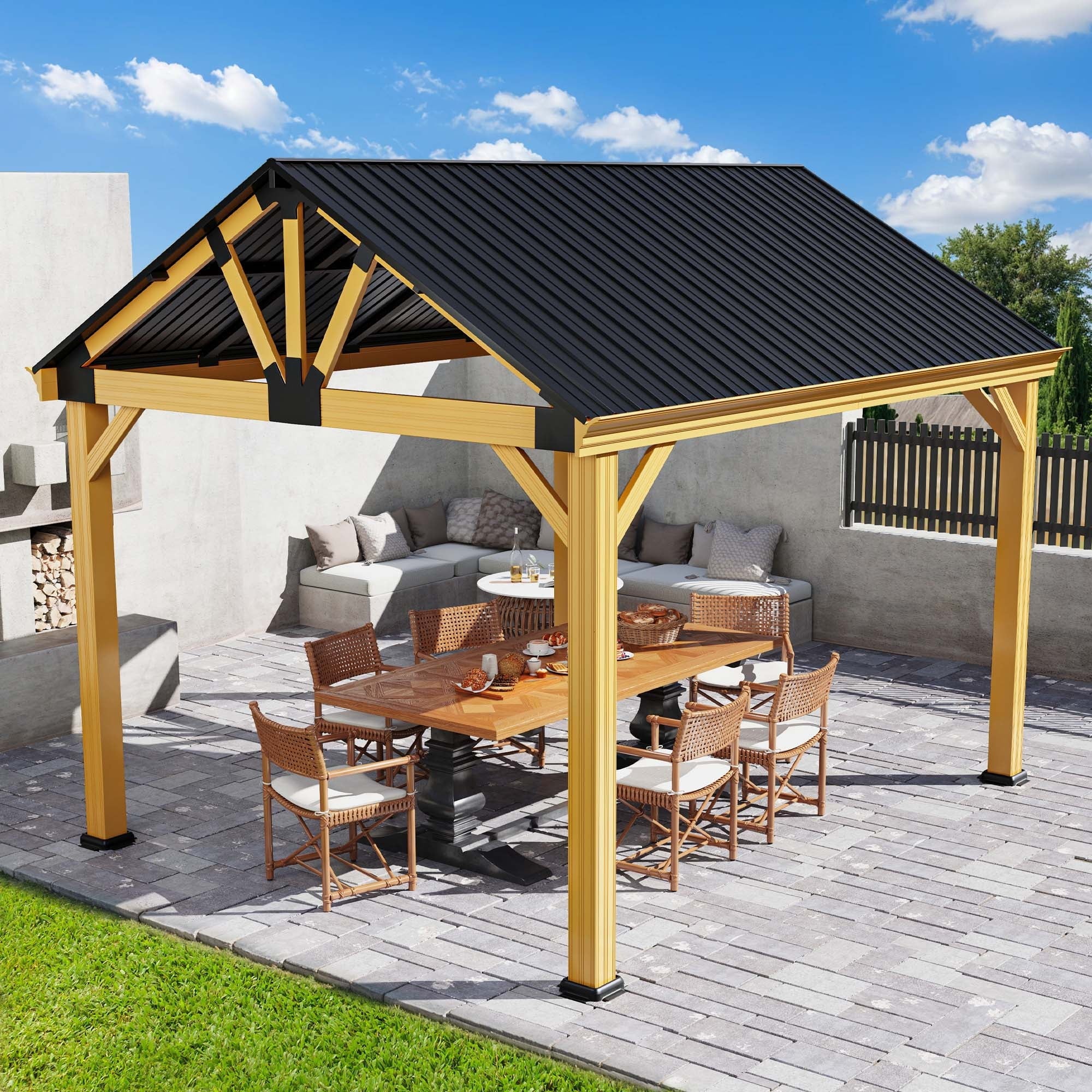 11' x13.8' Outdoor Gazebo, Hardtop Gazebo with Galvanized Steel Top Pavilion Gable Roof, for Patio, Garden, Balcony