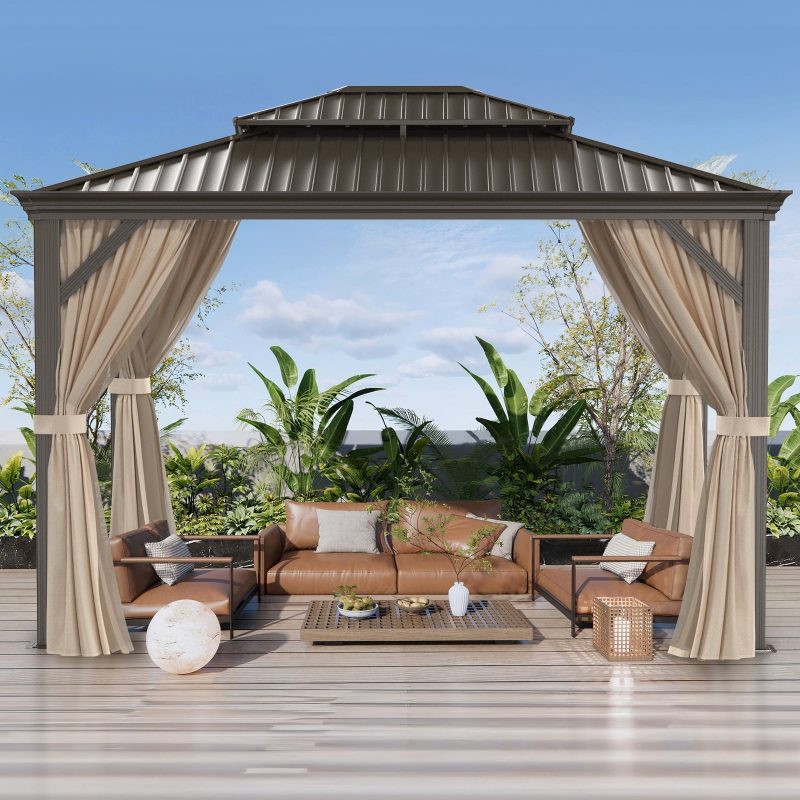 Gazebo, Aluminum Frame Canopy with Double Galvanized Steel Roof, Outdoor Metal Pavilion with Netting, Curtains for Backyard 10' x 12'