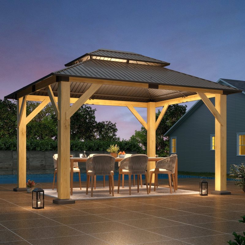 10 x 12 ft. Outdoor Wooden Hardtop Gazebo, Galvanized Steel Double Roof Gazebo for Patio, , Deck, Lawns