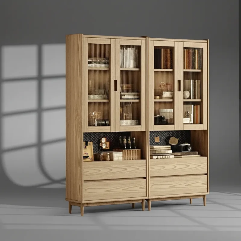 Modern Wooden Bookshelf Cabinet With Glass Doors For Office