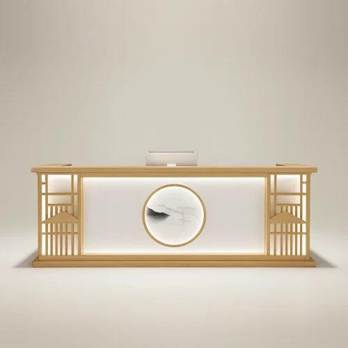 Modern Wooden Reception Desk With Artistic Panel For Office
