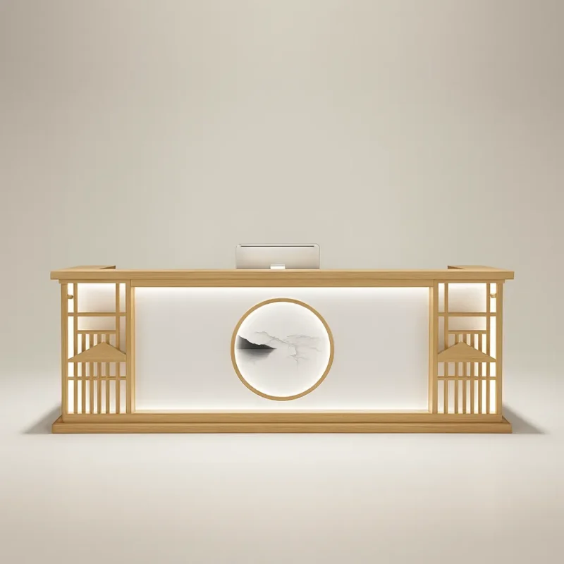 Modern Wooden Reception Desk With Artistic Panel For Office