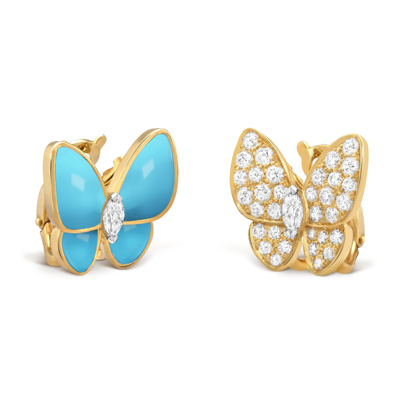 Pnstime Two Butterfly Turquoise Earrings Gift in 18K Gold with Diamonds - Image 2