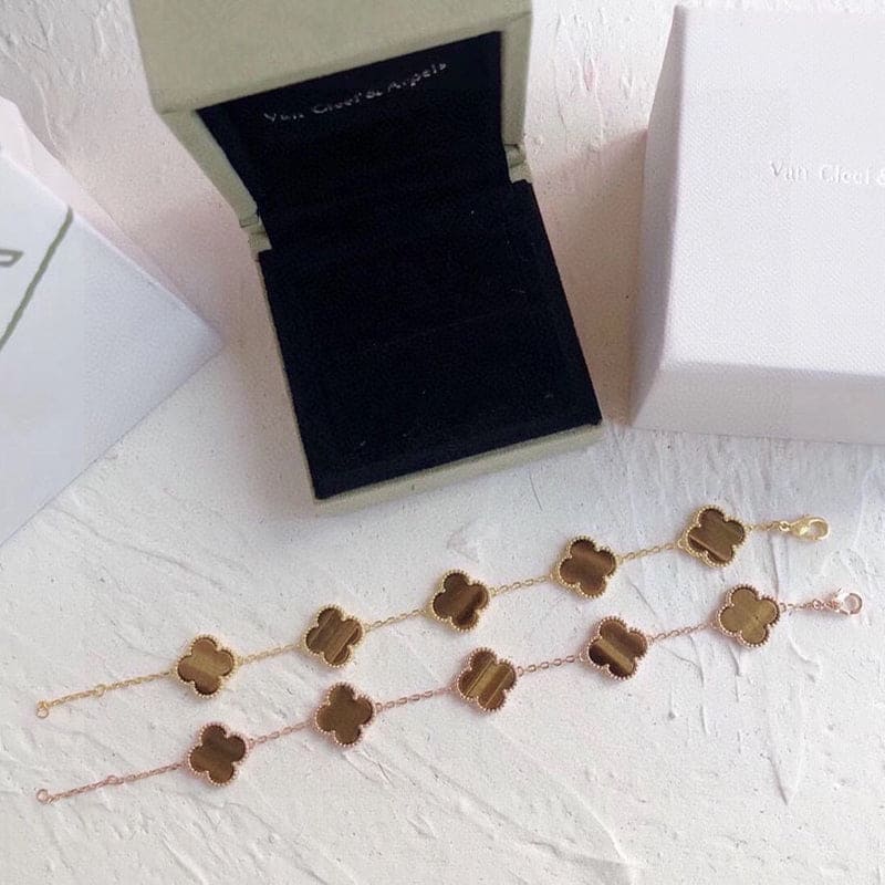 Pnstime Vintage Alhambra Five Motifs Tiger Eye Bracelet Gift Jewelry - Image 3