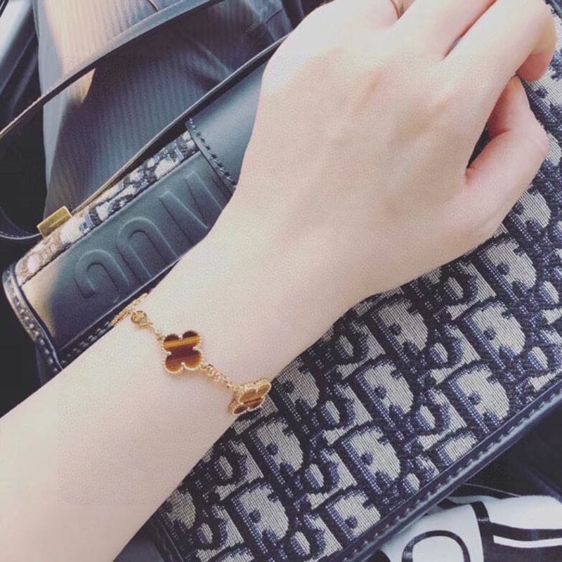 Pnstime Vintage Alhambra Five Motifs Tiger Eye Bracelet Gift Jewelry - Image 2