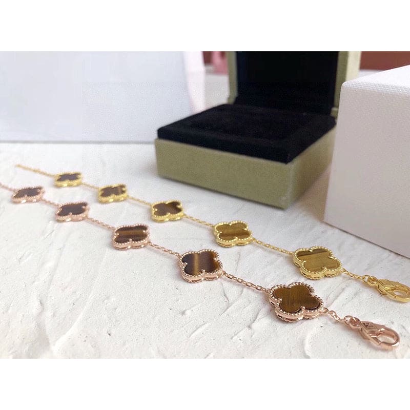 Pnstime Vintage Alhambra Five Motifs Tiger Eye Bracelet Gift Jewelry - Image 5