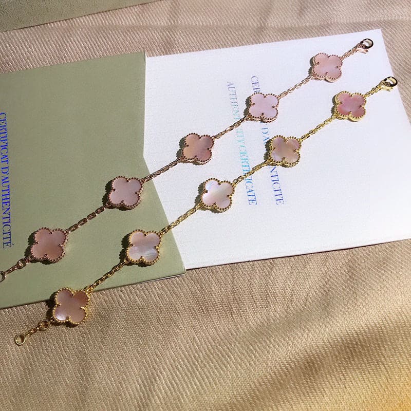 Pnstime Vintage Alhambra Five Motifs Pink Opal Bracelet Jewelry Gift - Image 4