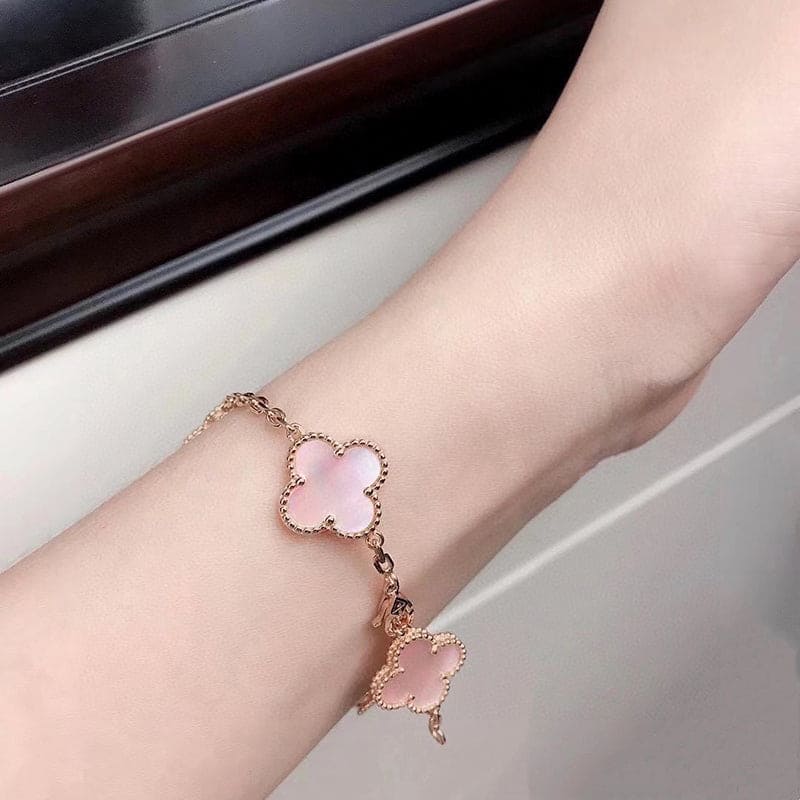 Pnstime Vintage Alhambra Five Motifs Pink Opal Bracelet Jewelry Gift - Image 6