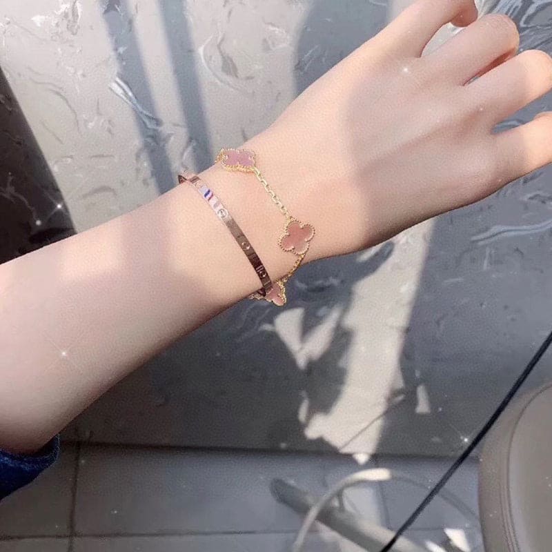 Pnstime Vintage Alhambra Five Motifs Pink Opal Bracelet Jewelry Gift - Image 3