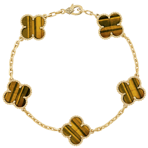 Pnstime Vintage Alhambra Five Motifs Tiger Eye Bracelet Gift Jewelry