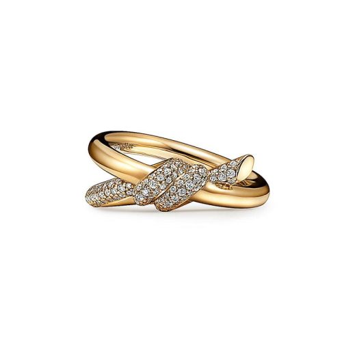 Pnstime Yellow Gold Knot Double Row Diamonds Ring