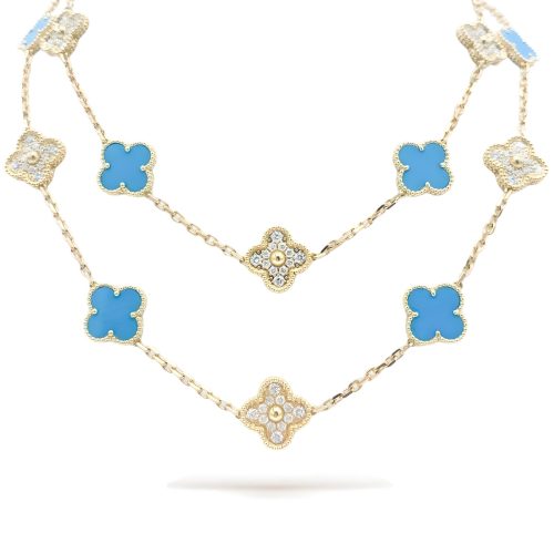 Pnstime Vintage Alhambra Turquoise Diamond 20 Motifs Long Necklace Gift