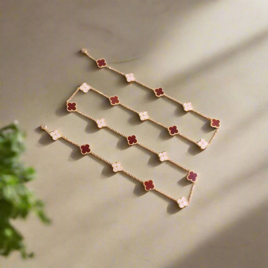 Pnstime Vintage Alhambra Carnelian Diamond 20 Motifs Long Necklace Jewelry Gift - Image 3