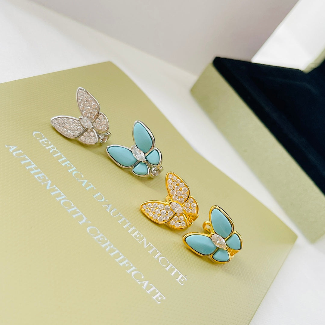 Pnstime Two Butterfly Turquoise Earrings Gift in 18K Gold with Diamonds - Image 5