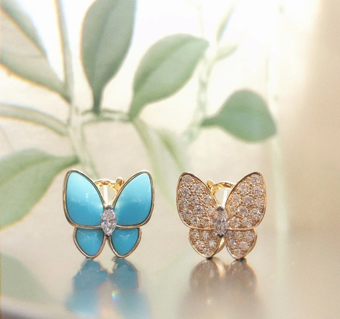 Pnstime Two Butterfly Turquoise Earrings Gift in 18K Gold with Diamonds - Image 7