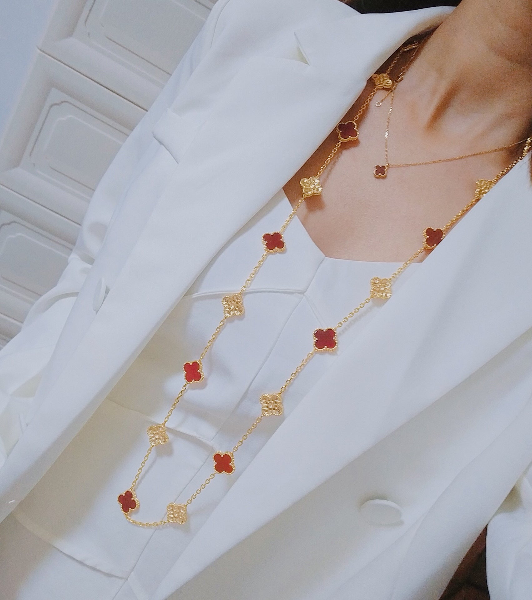 Pnstime Vintage Alhambra Carnelian Diamond 20 Motifs Long Necklace Jewelry Gift - Image 2