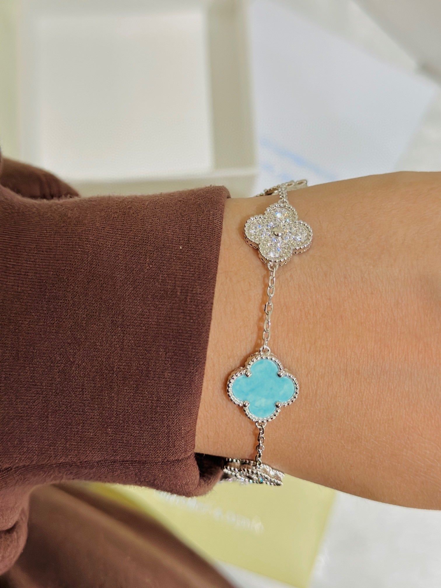 Pnstime Vintage Alhambra Five Motifs Agate Bracelet Jewelry Gift - Image 4