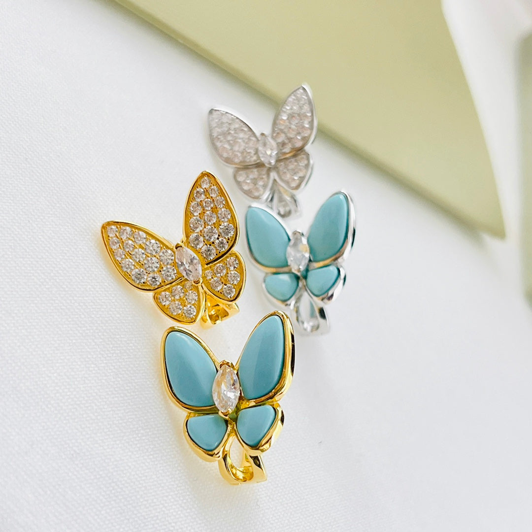 Pnstime Two Butterfly Turquoise Earrings Gift in 18K Gold with Diamonds - Image 8