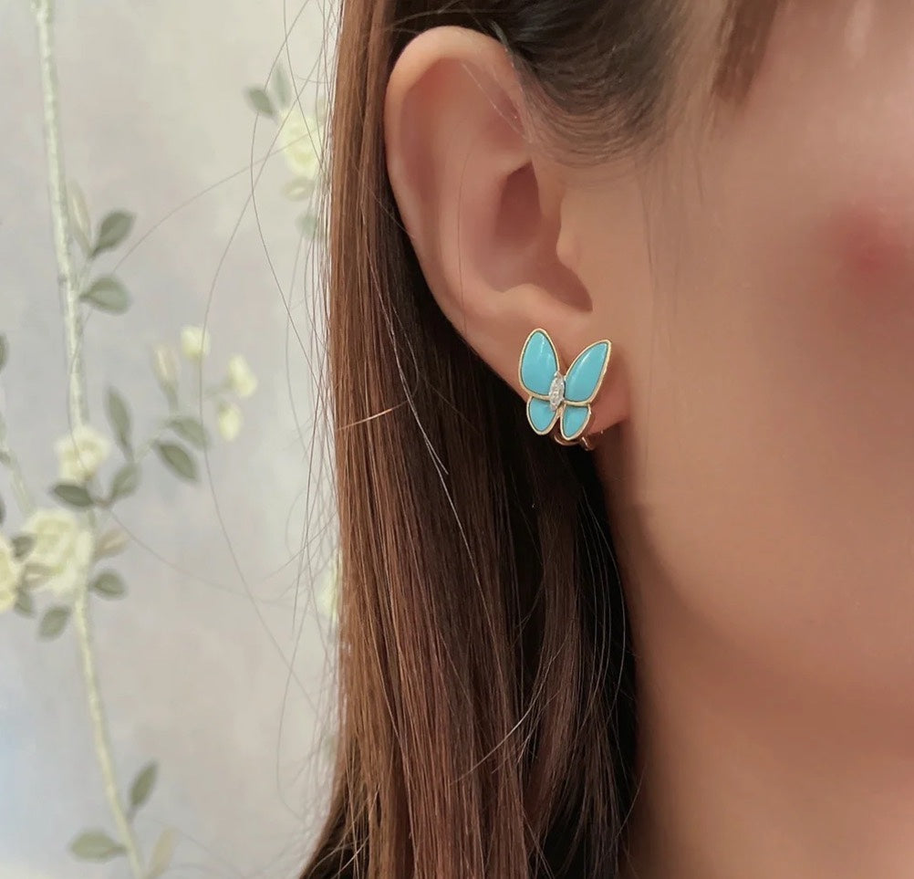 Pnstime Two Butterfly Turquoise Earrings Gift in 18K Gold with Diamonds - Image 3