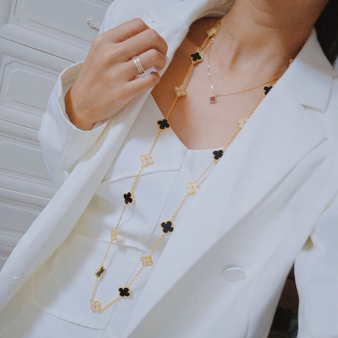 Pnstime Vintage Alhambra Onyx And Diamond 20 Motifs Necklace Jewelry Gift - Image 3