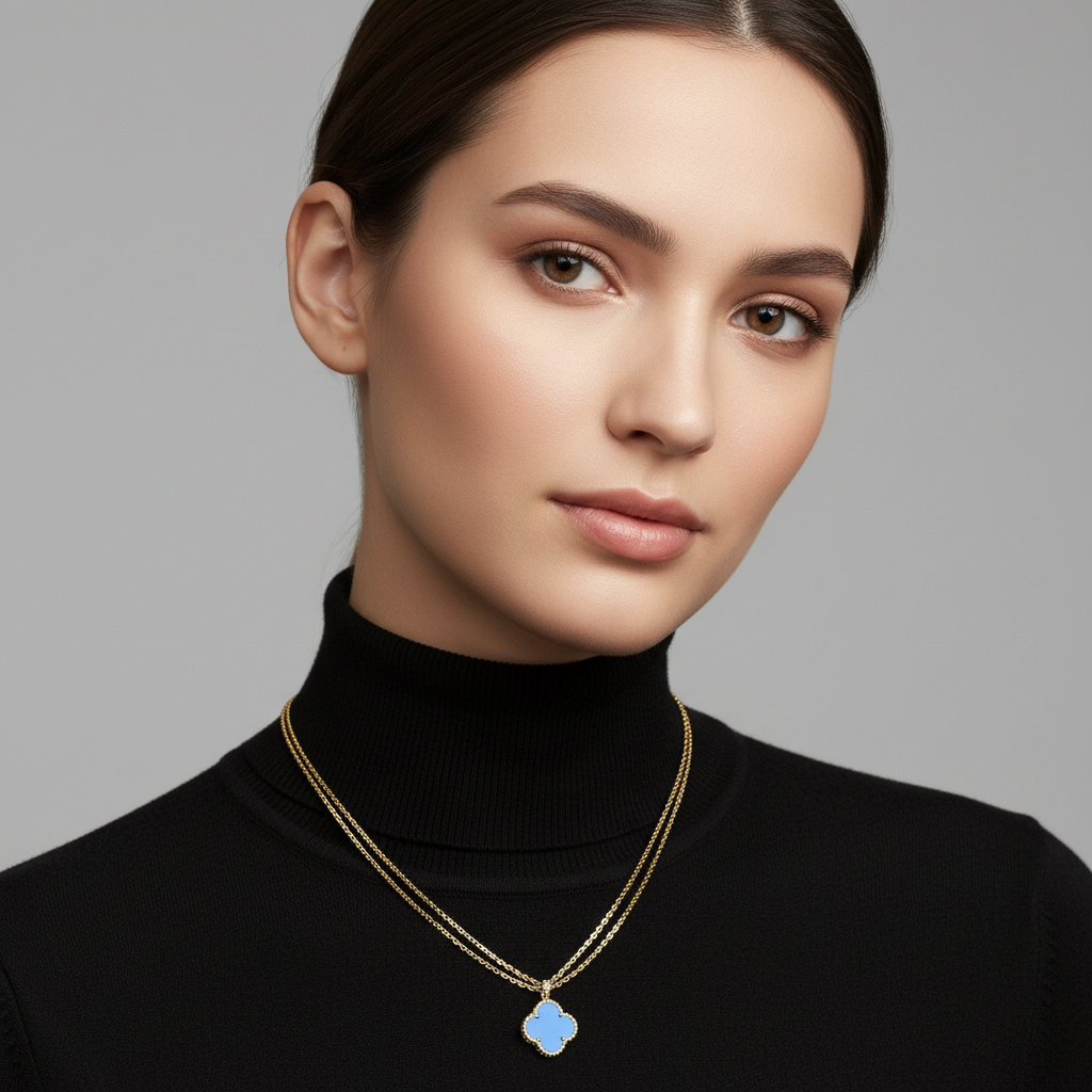 Magic Alhambra Blue Agate Clover Necklace - Image 2