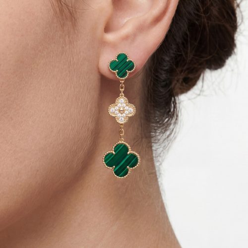 Magic Alhambra Malachite Three Motifs Clover Earrings