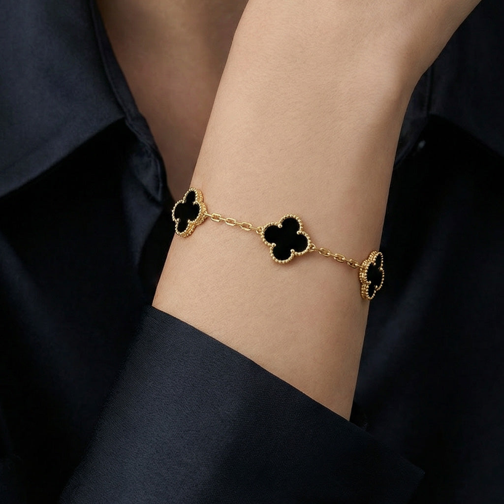 Vintage Alhambra Five Motifs Black Clover Bracelet