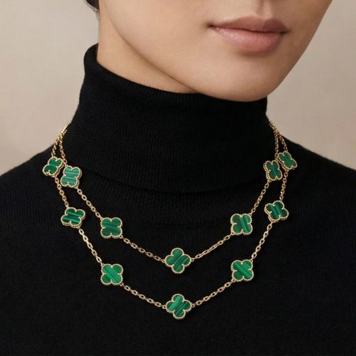 Vintage Alhambra Malachite 20 Motifs Long Necklace