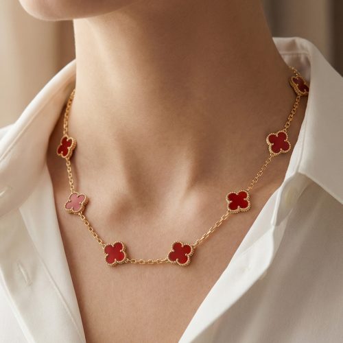 Vintage Alhambra Red Carnelian 10 Motifs Necklace