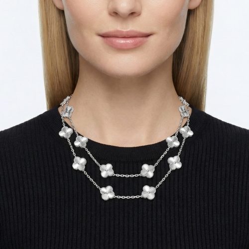 Vintage Alhambra White Agate 20 Motifs Long Necklace